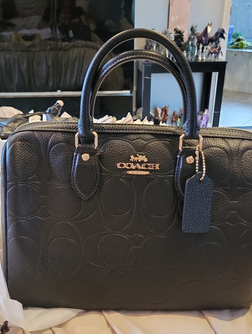 Coach Black Leather Signature Embossed Satchel